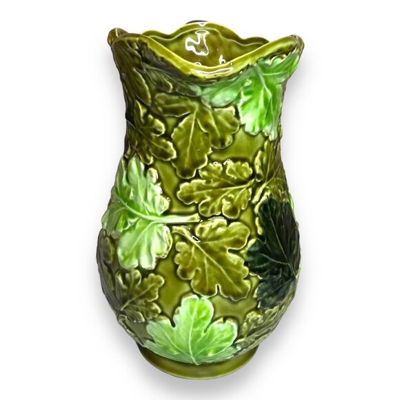Mid-Century Modern Green Leaf Inspired Majolica Ceramic Pitcher & Planter RARE - Picture 5 of 11